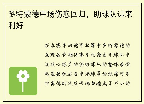 多特蒙德中场伤愈回归，助球队迎来利好