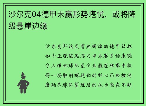 沙尔克04德甲未赢形势堪忧，或将降级悬崖边缘