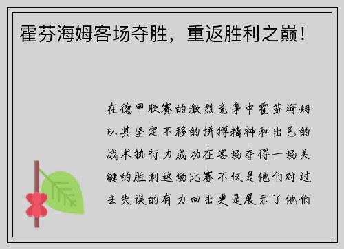 霍芬海姆客场夺胜，重返胜利之巅！